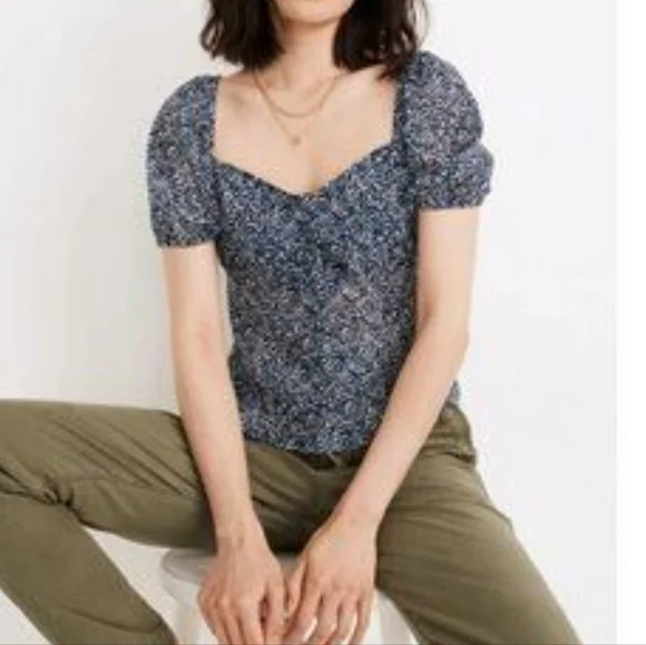 Women's Madewell Blouse Bengali Blue White Blouse 8 Peasant - Picture 1 of 7